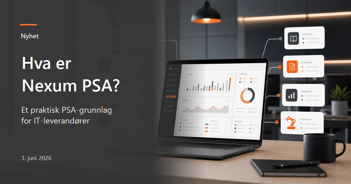 Laptop med PSA-dashboard og koblede arbeidsflyter for kunder, saker, tid, kunnskap, fakturering og automatisering.